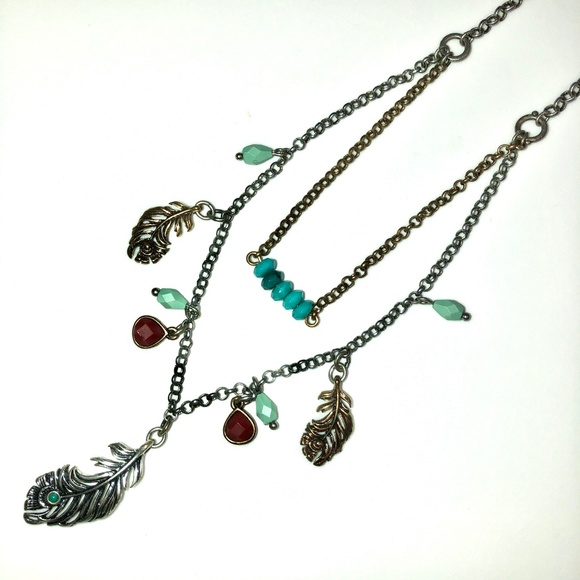 🎉HP🎉 LUCKY BRAND Faux Turquoise Silver Tone Feather Charm Necklace 18" NEW! - Picture 4 of 13